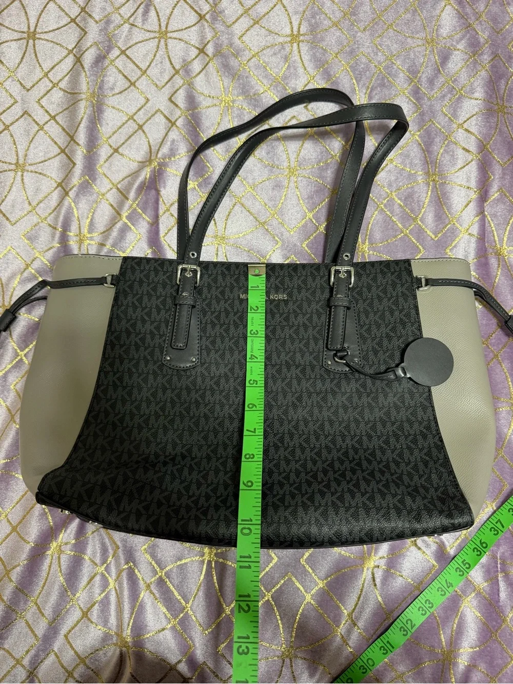 Michael Kors Black & Taupe Logo-Print Tote with MK Charm